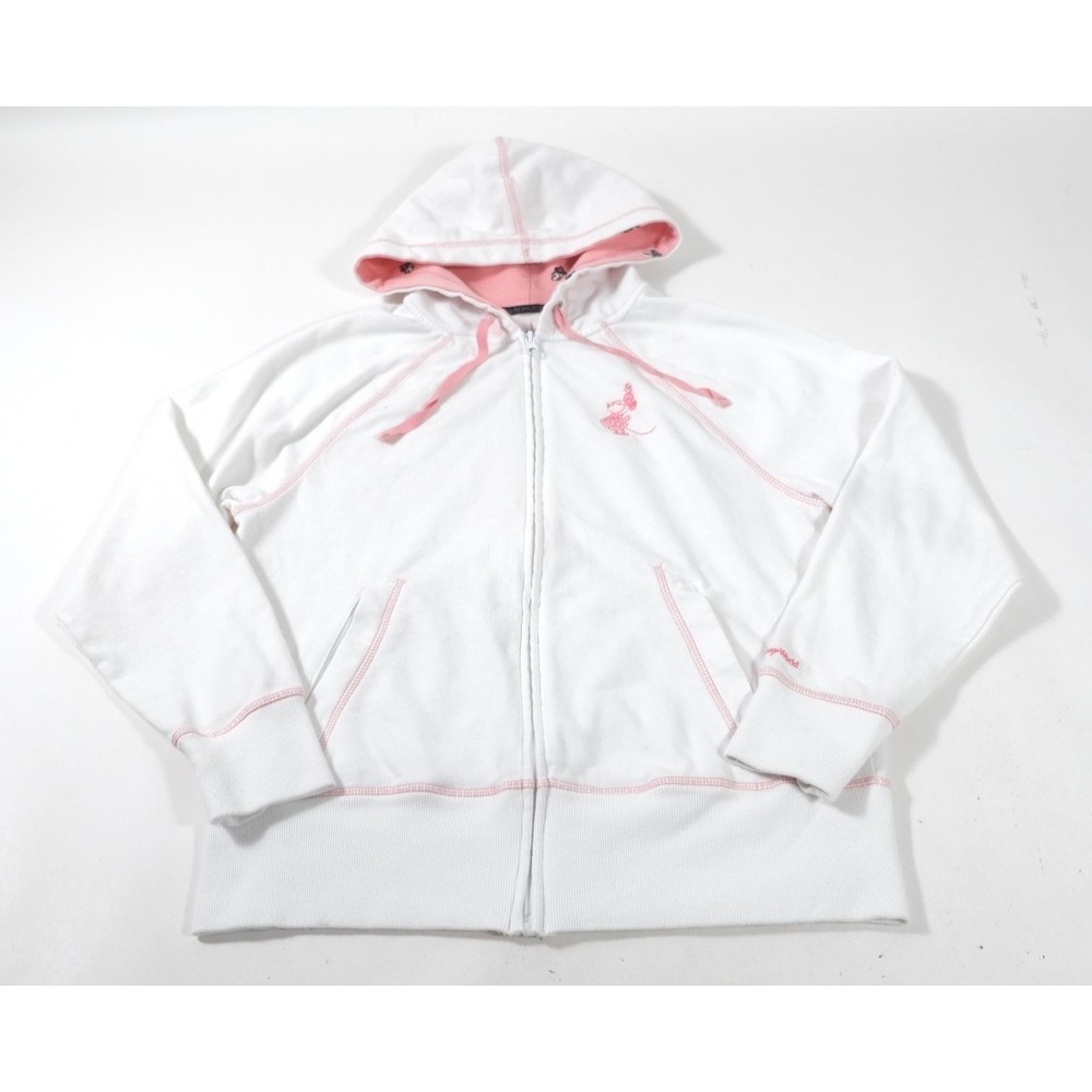 Disney Parks Hoodie Women M White Minnie Mouse Pink Contrast Stitching Full Zip